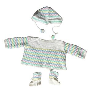 Vintage Hand-Knit Baby Sweater Set – Pastel Rainbow – 0-3M